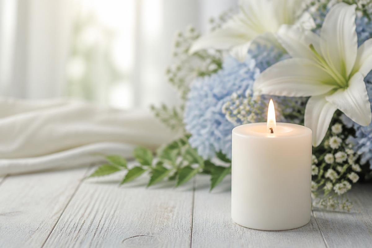 Flowers and a candle representing remembrance and hope